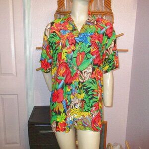 Vtg 90s Jaguar Jungle Button Up Shirt Size M Hawaiian Camp Short Sleeve Tropical